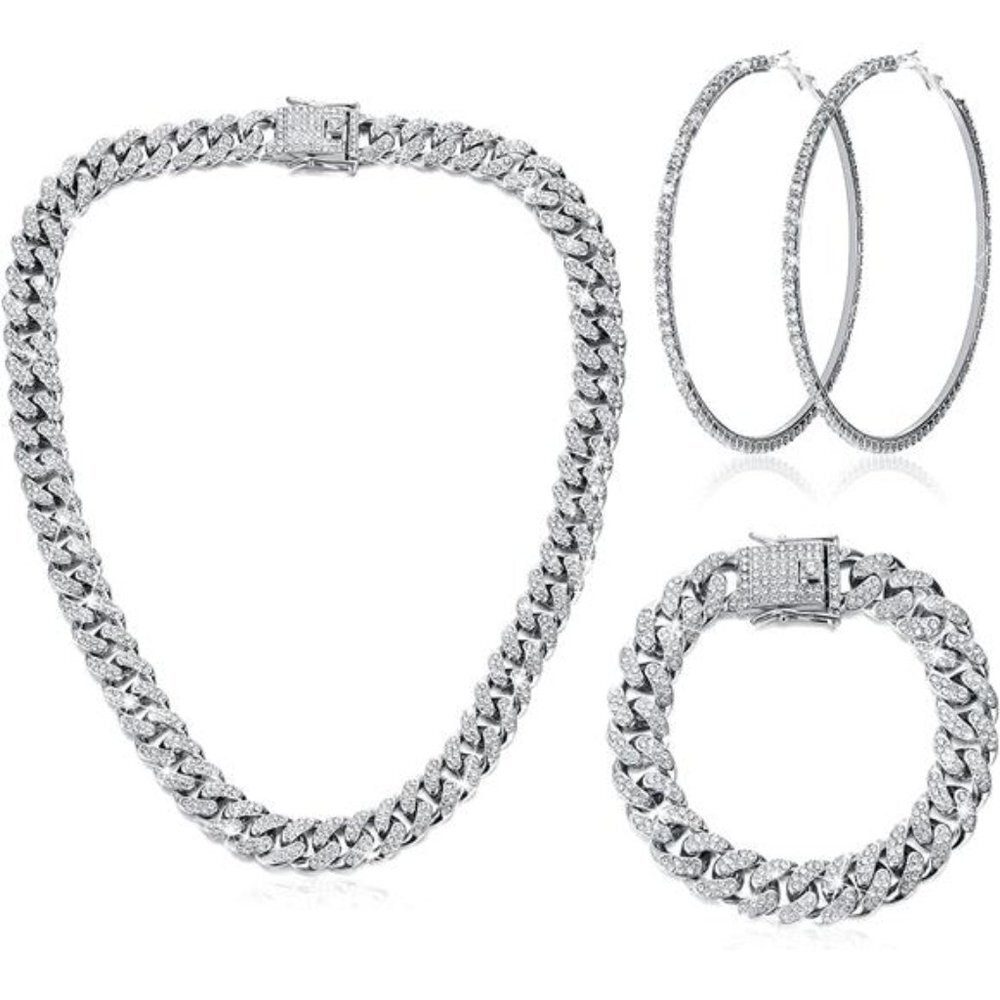 Set Bling Necklace Bracelet Crystal Big Circle Earrings for Girls Silver